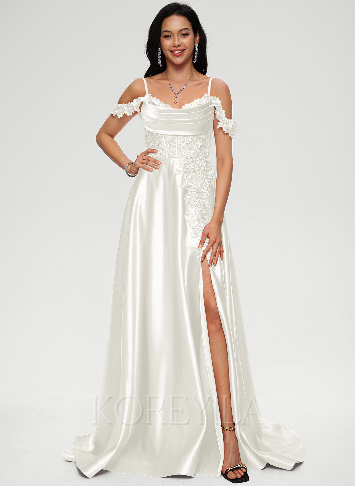 A-line Off the Shoulder Sweep Train Satin Prom Dresses With Rhinestone