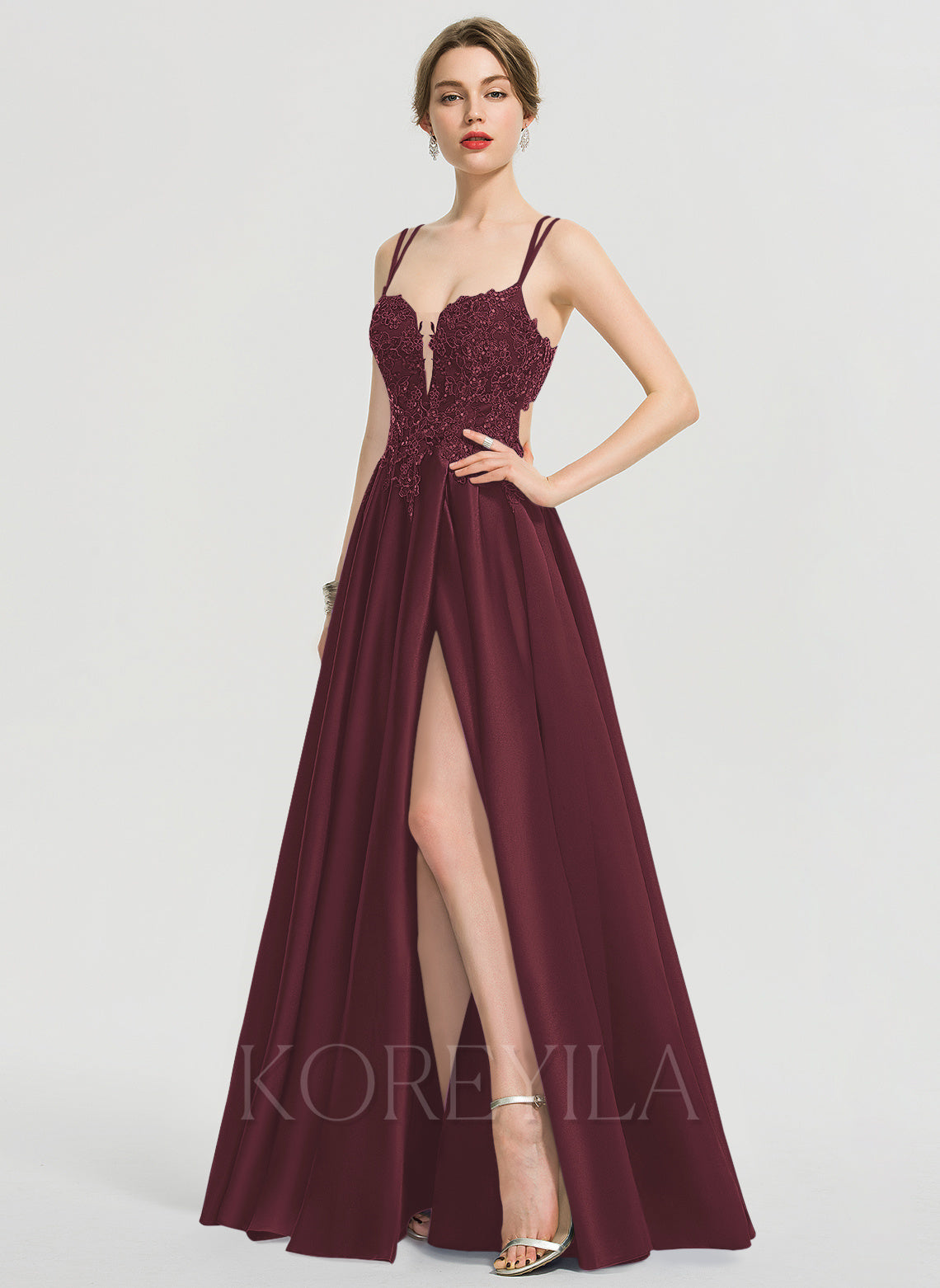 Ball Gown Sleeveless Sweetheart Lace Floor-Length Satin Prom Dresses main image 1