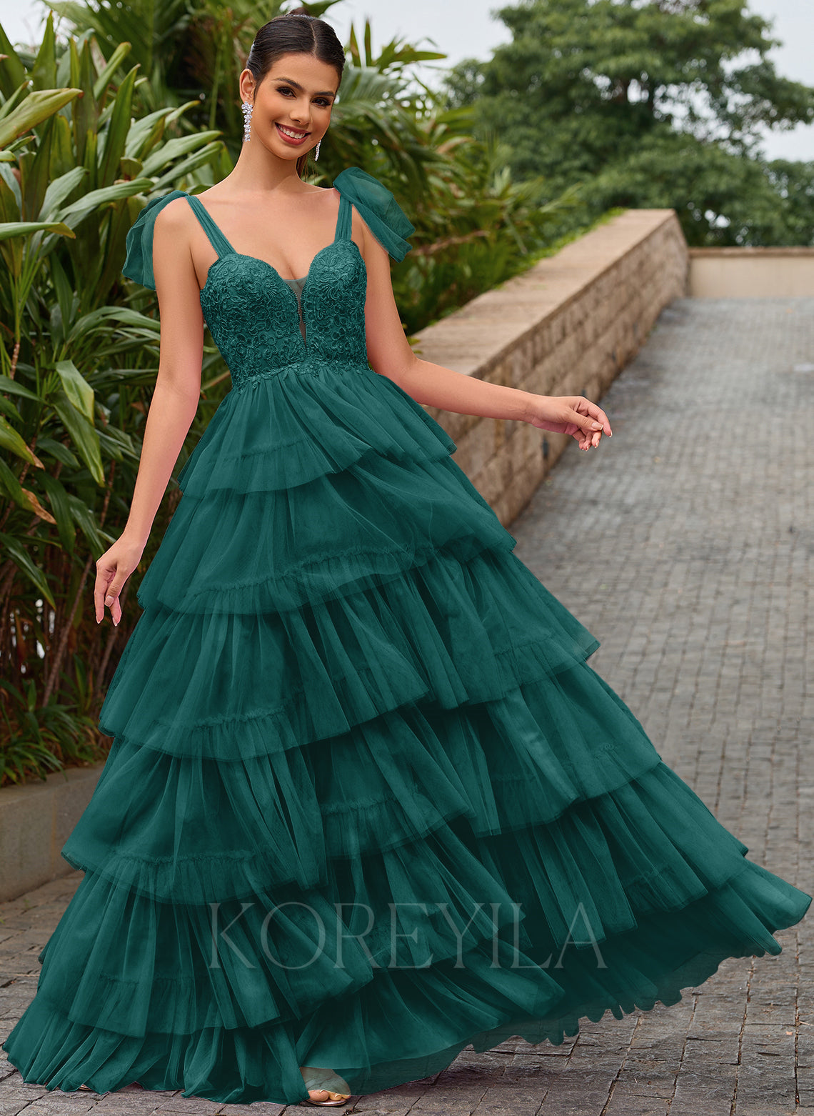 Corset Bow Tiered Ruffled Satin Ball-Gown Maxi Dress With Slit