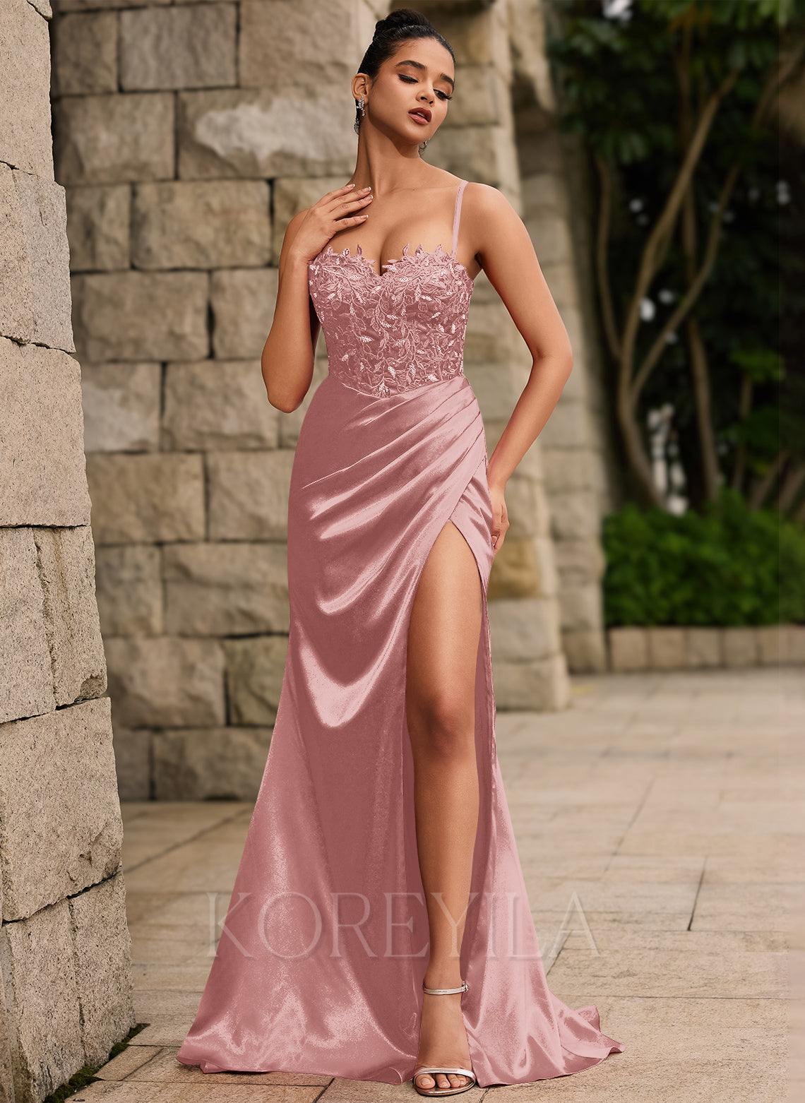 Lace Up Back Sweetheart Embellished Corset Ruched Satin Mermaid Maxi Dress With Slit main image 0