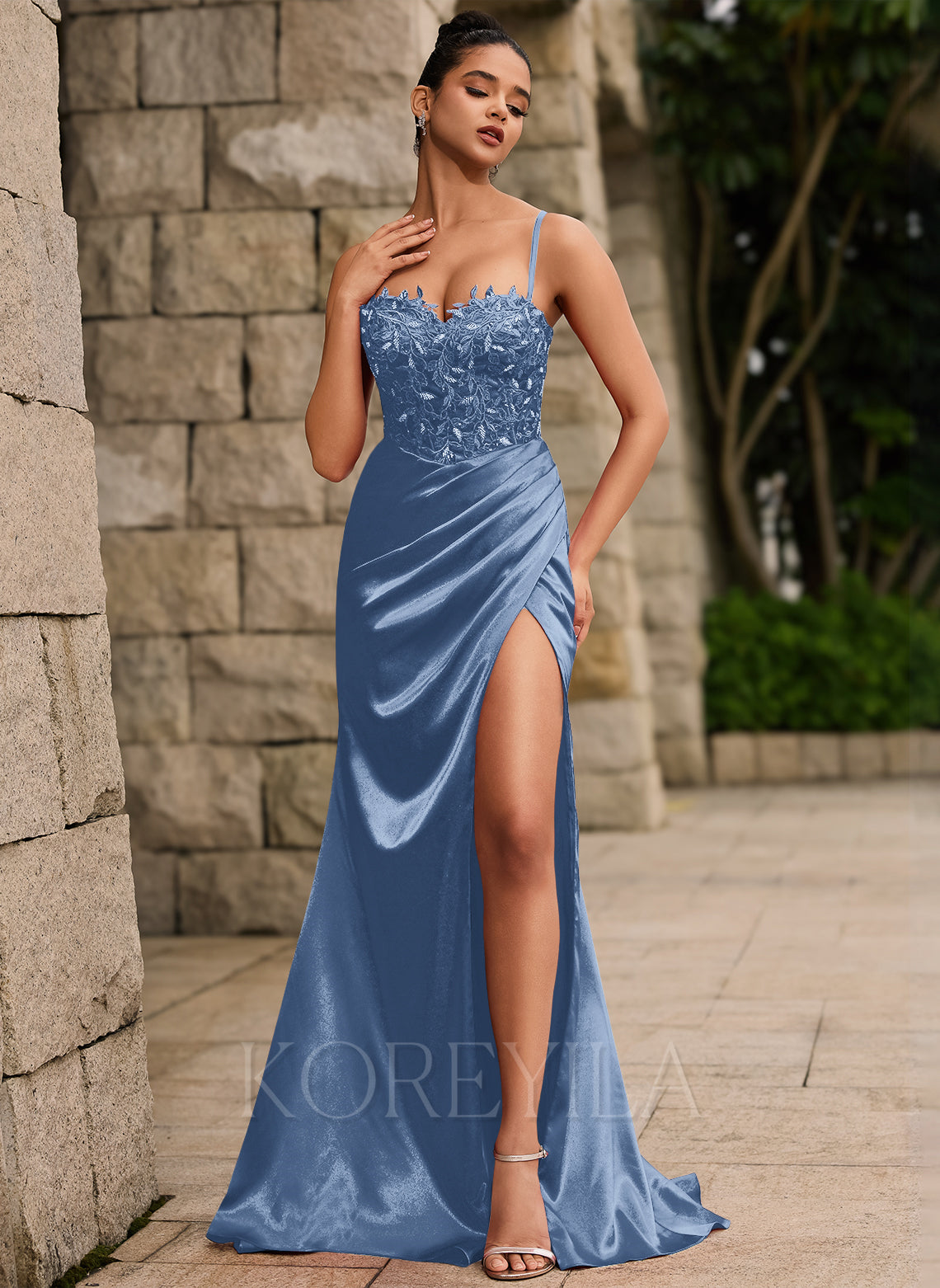 Lace Up Back Sweetheart Embellished Corset Ruched Satin Mermaid Maxi Dress With Slit main image 0