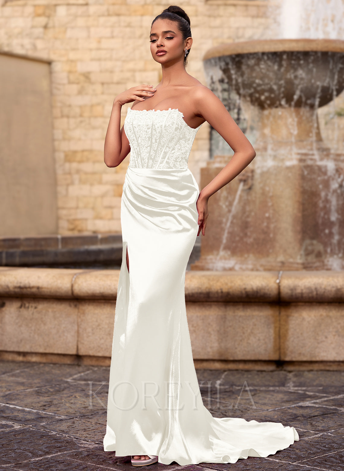 Keyhole Back One Shoulder Ruched Satin Mermaid Maxi Dress With Slit