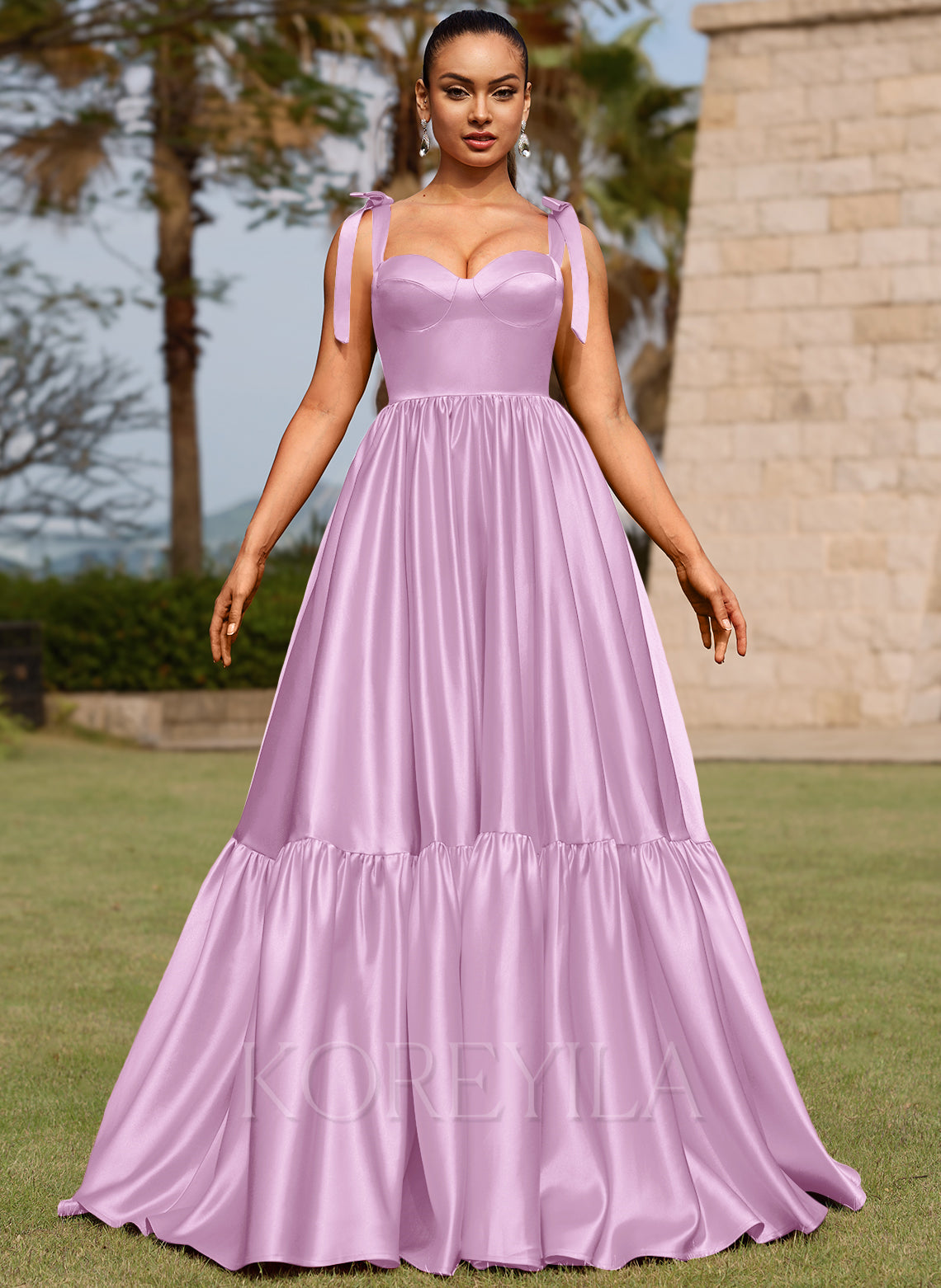 Corset Bow Tiered Ruffled Satin Ball-Gown Maxi Dress With Slit main image 0