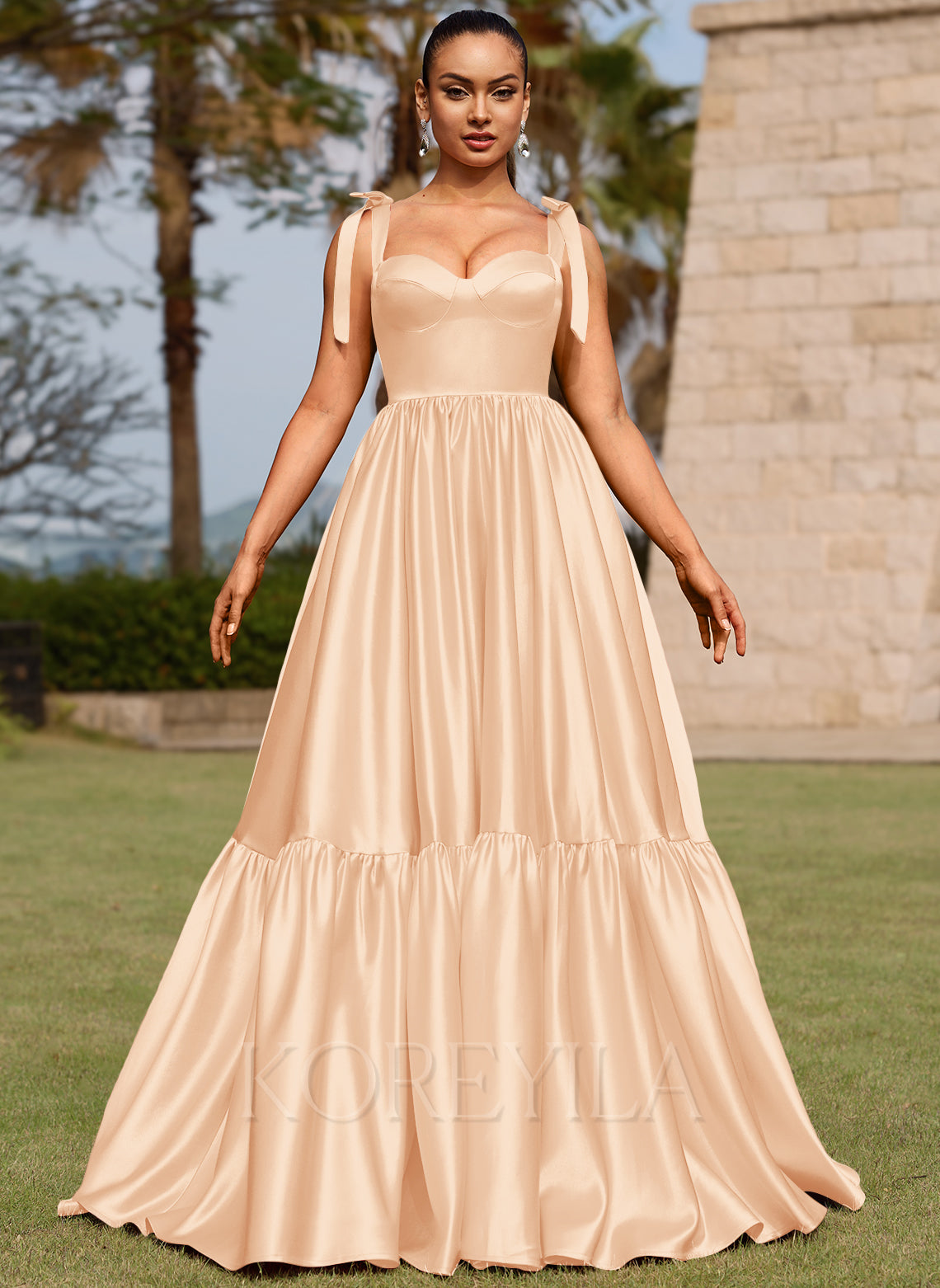 Corset Bow Tiered Ruffled Satin Ball-Gown Maxi Dress With Slit main image 0
