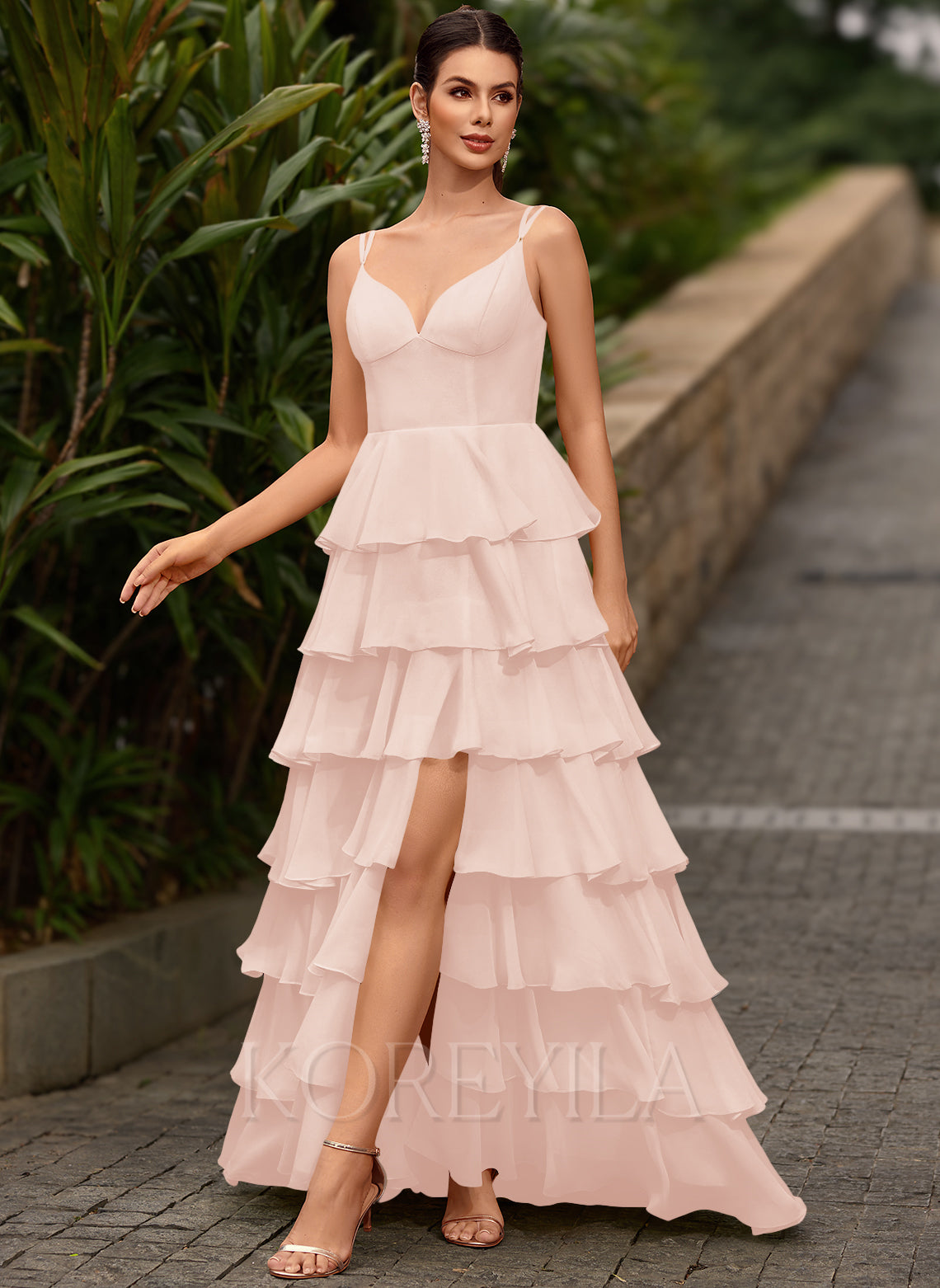 Corset Bow Tiered Ruffled Satin Ball-Gown Maxi Dress With Slit main image 1