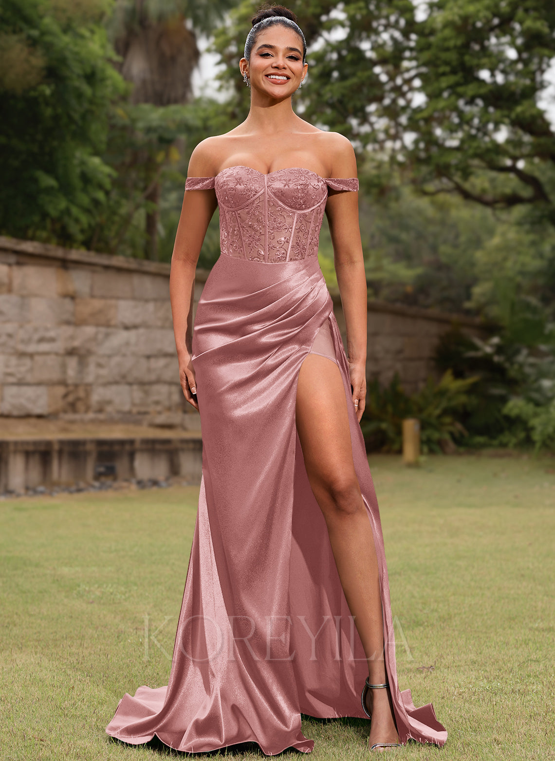 Lace Up Back Sweetheart Leaf Corset Ruched Satin Mermaid Maxi Dress With Sequins Slit