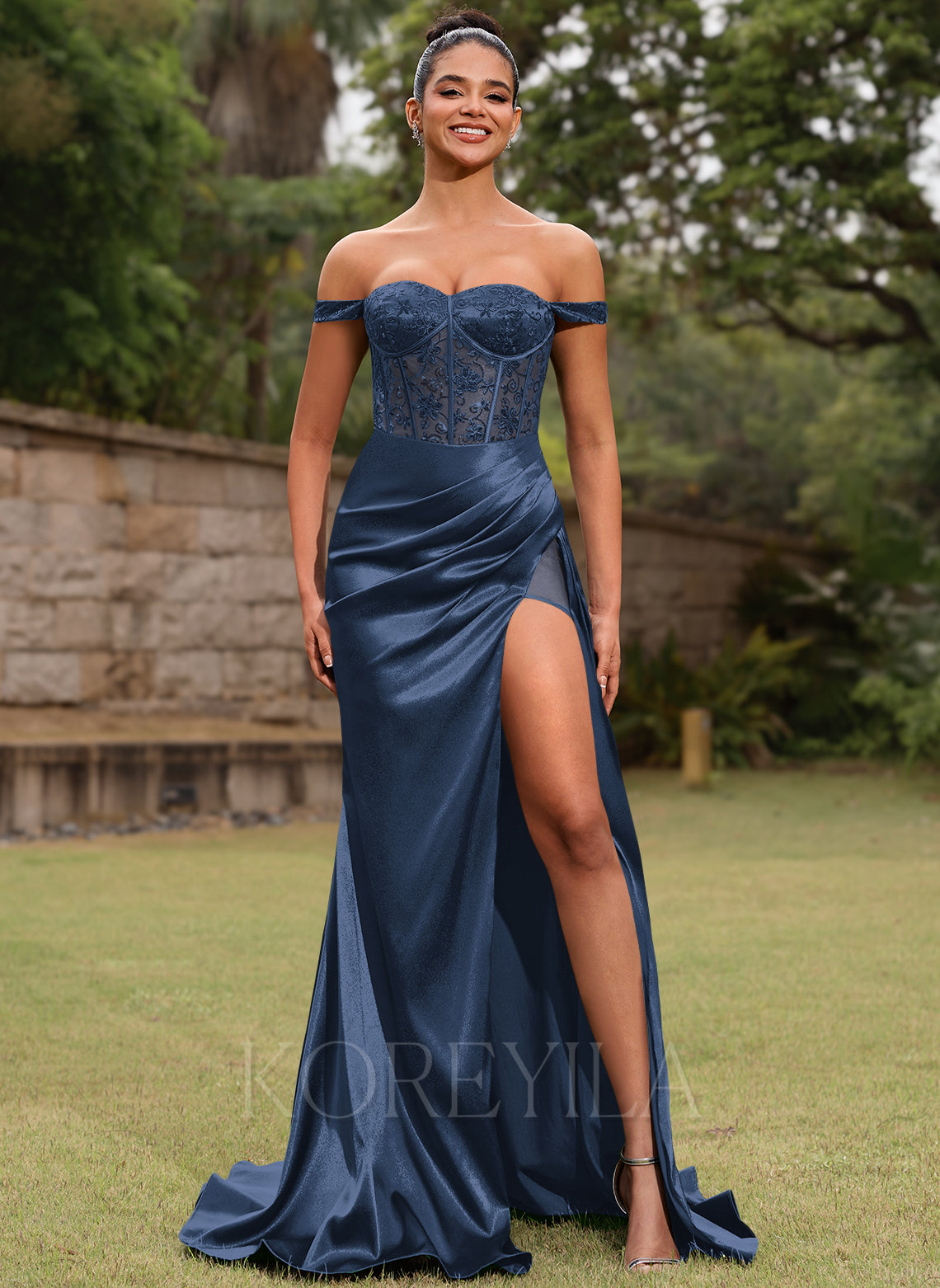 Sweetheart Ruched Satin Mermaid Maxi Dress With Beading Appliques Slit main image 0