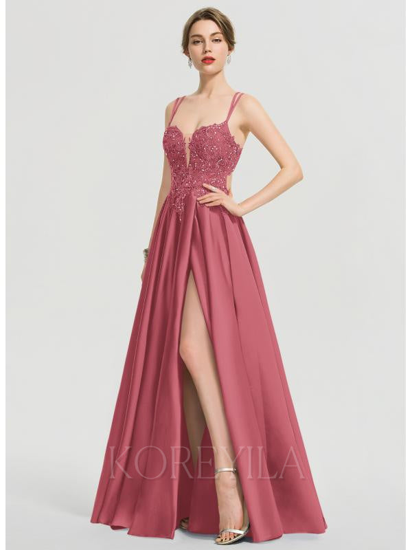 Ball-Gown/Princess V-Neck Floor-Length Satin Lace Prom Dresses With Sequins