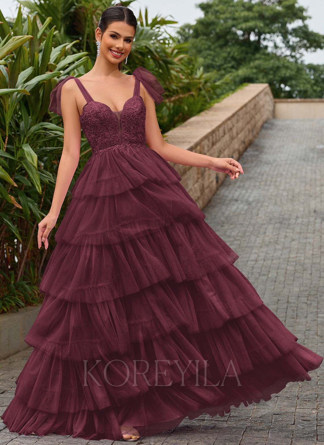 Long Strapless Tulle Gown with Sweetheart  Neck Cabernet
