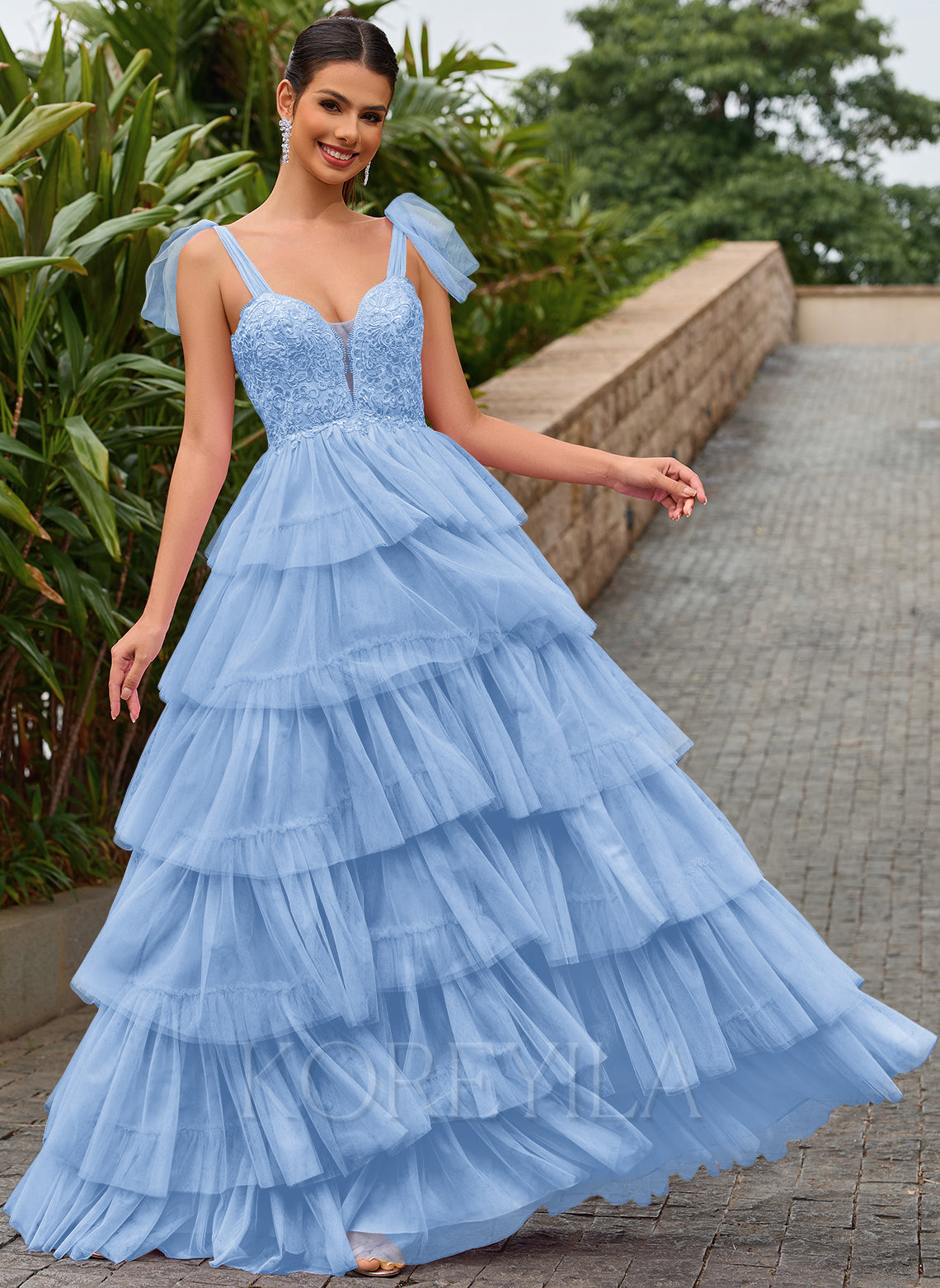 Unique Light Blue Tiered Tulle Ball Gown with Sparkly Beaded Ruffle Detailing,OLP1888 main image 0