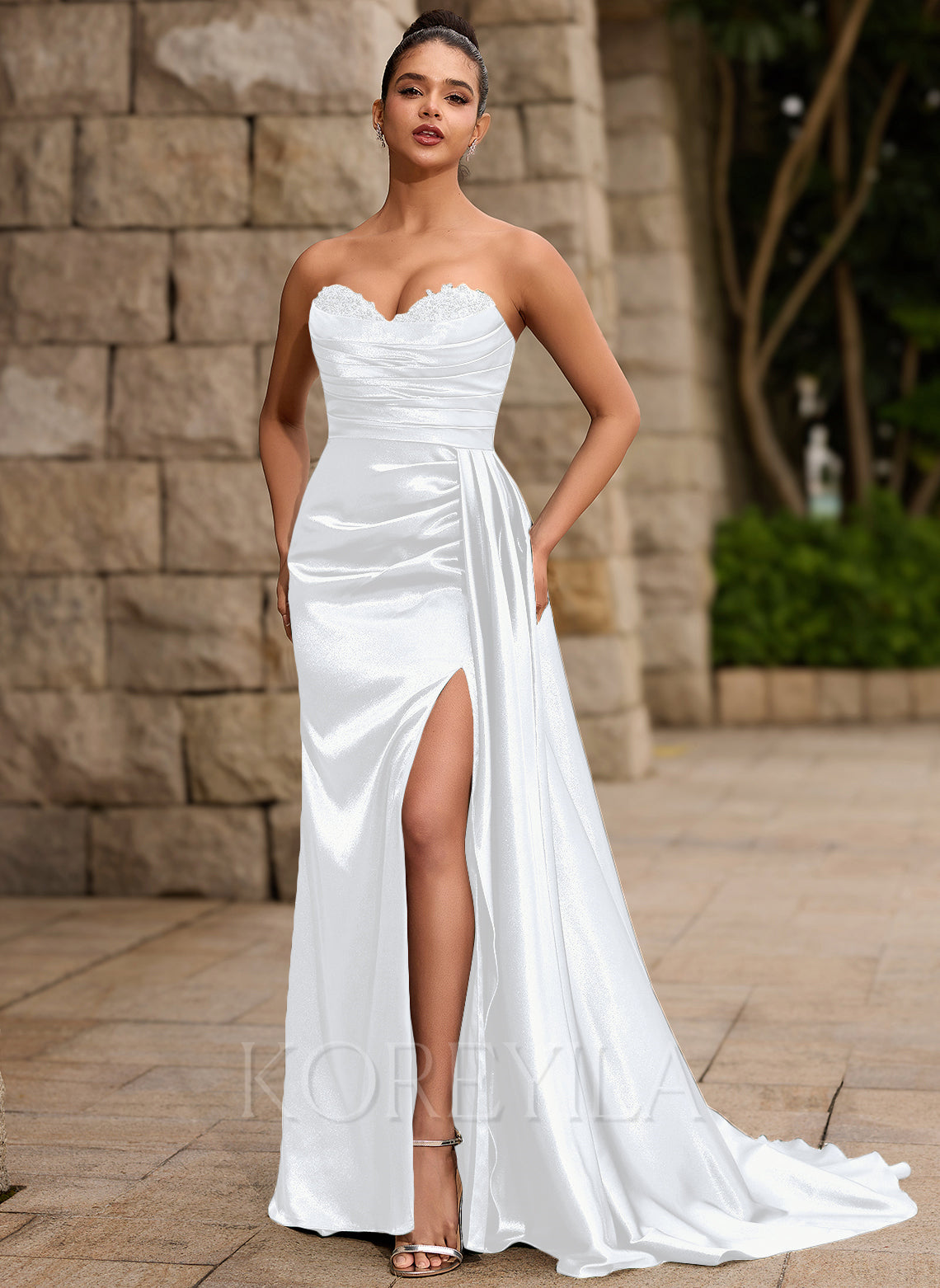 Lace Up Back Sweetheart Leaf Corset Ruched Satin Mermaid Maxi Dress With Sequins Slit main image 0