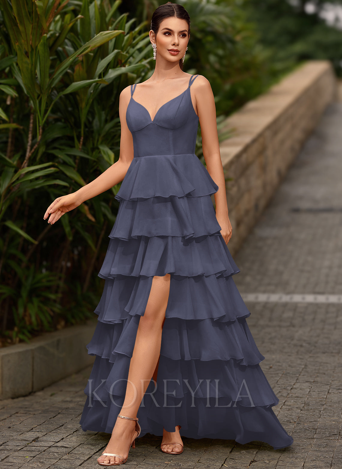 V-Neck Ruffled Tiered Chiffon Ball-Gown Maxi Dress With Slit main image 1